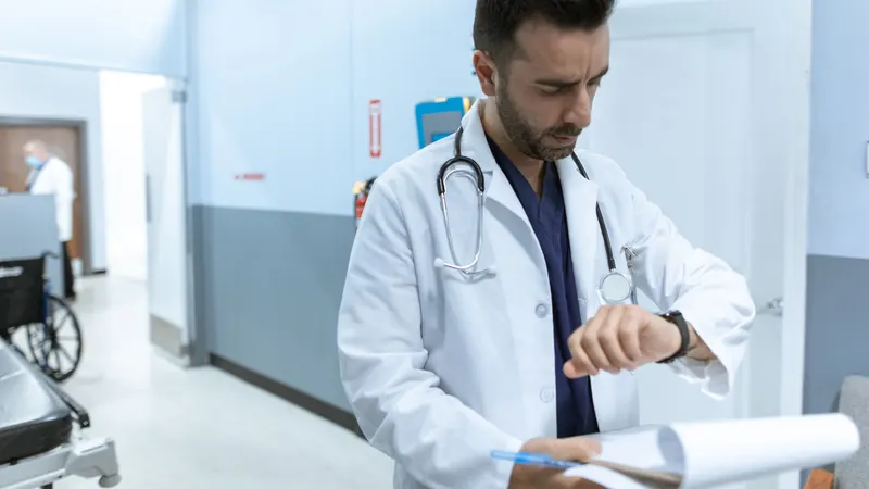 Médico de jaleco branco sobre pijama cirúrgico confere o relógio de pulso no corredor de um hospital, com folhas de papel e uma caneta na outra mão