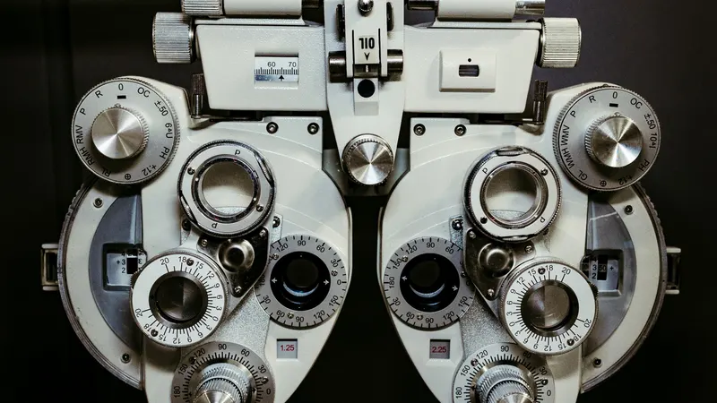 O refrator de um consultório de oftalmologia visto de frente no escuro, com os dois discos de lentes e os botões numerados de graduação em primeiro plano